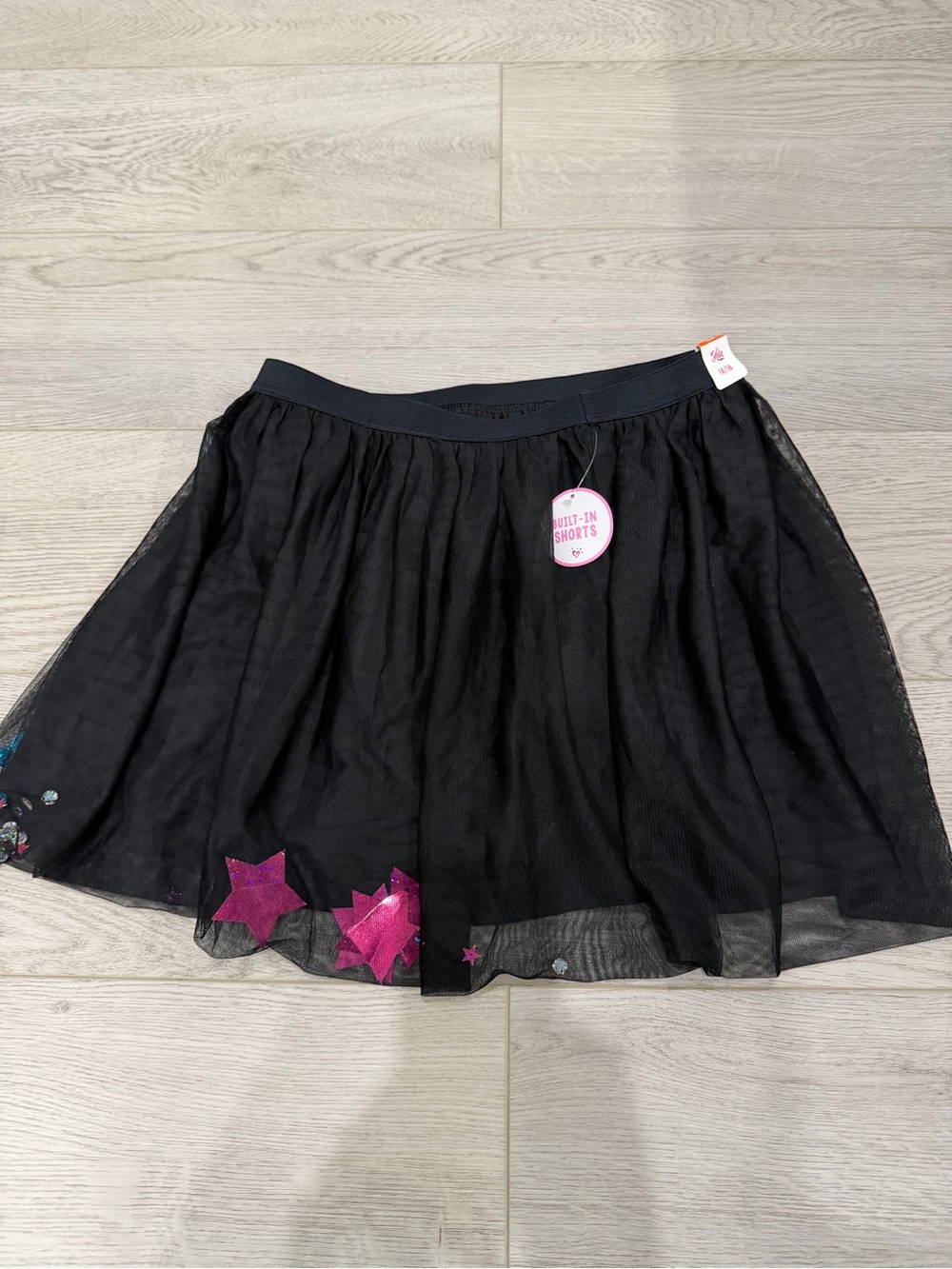 Justice Black Tulle Skirt with Pink Star Accents